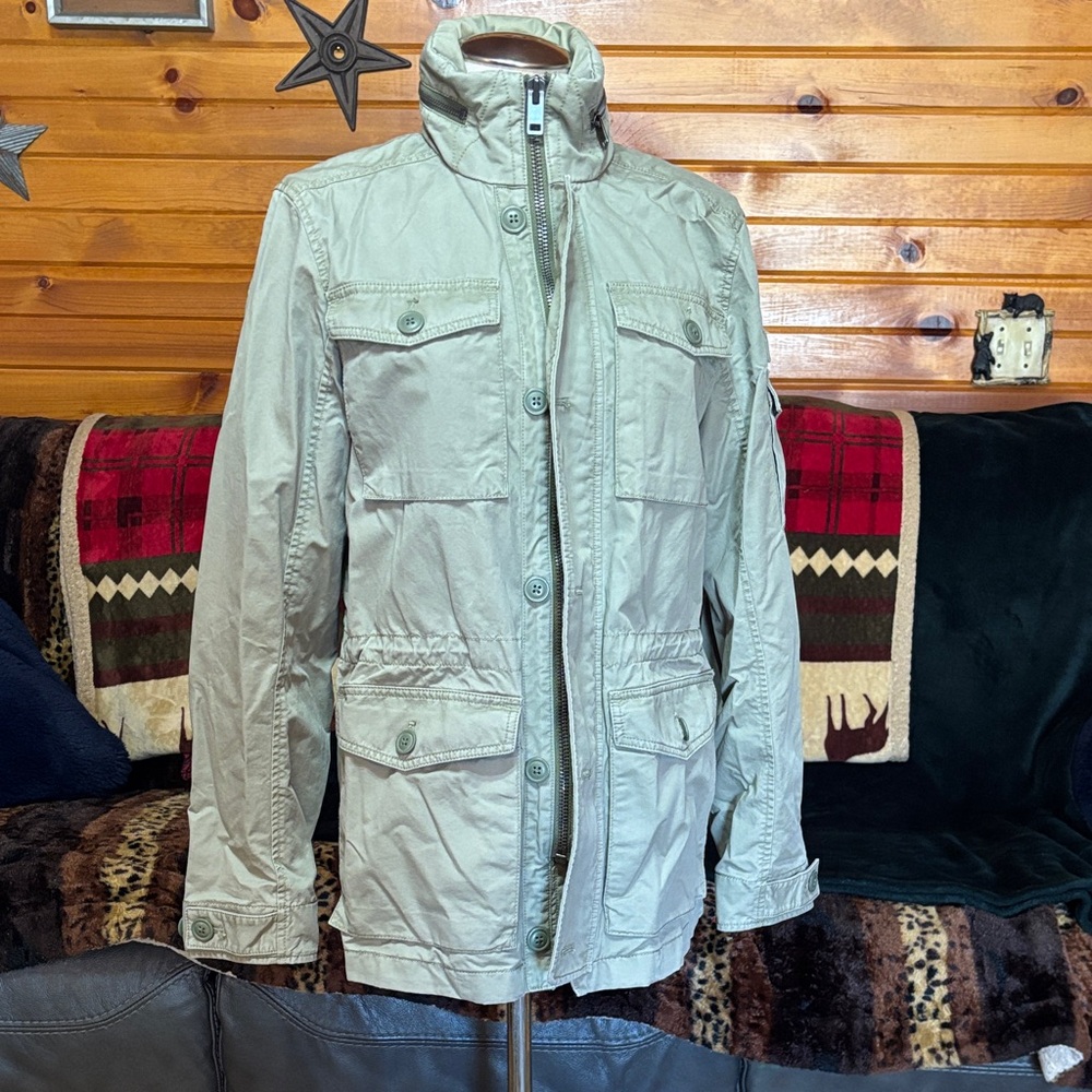 Express Men's Army Green Cargo Style Jacket Zipped In Hideway Hood Size M